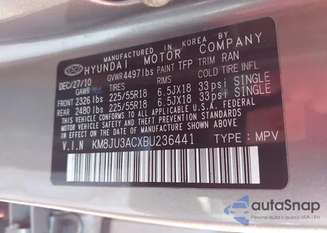 2011 Hyundai Tucson Limited из США, поврежденный, VIN KM8JU3ACXBU236441